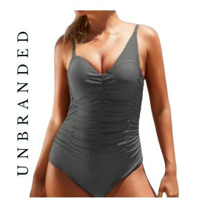 0823. UNBRANDED ASYMMETRICAL RUCHED ONE PIECE SWIMSUIT GRAY‎ IN COLOR SIZE L